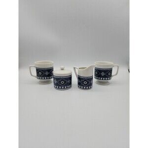 Vintage Coffee Or Tea Set Navy Paisley 2 Cups, Cream & Sugar Porcelain